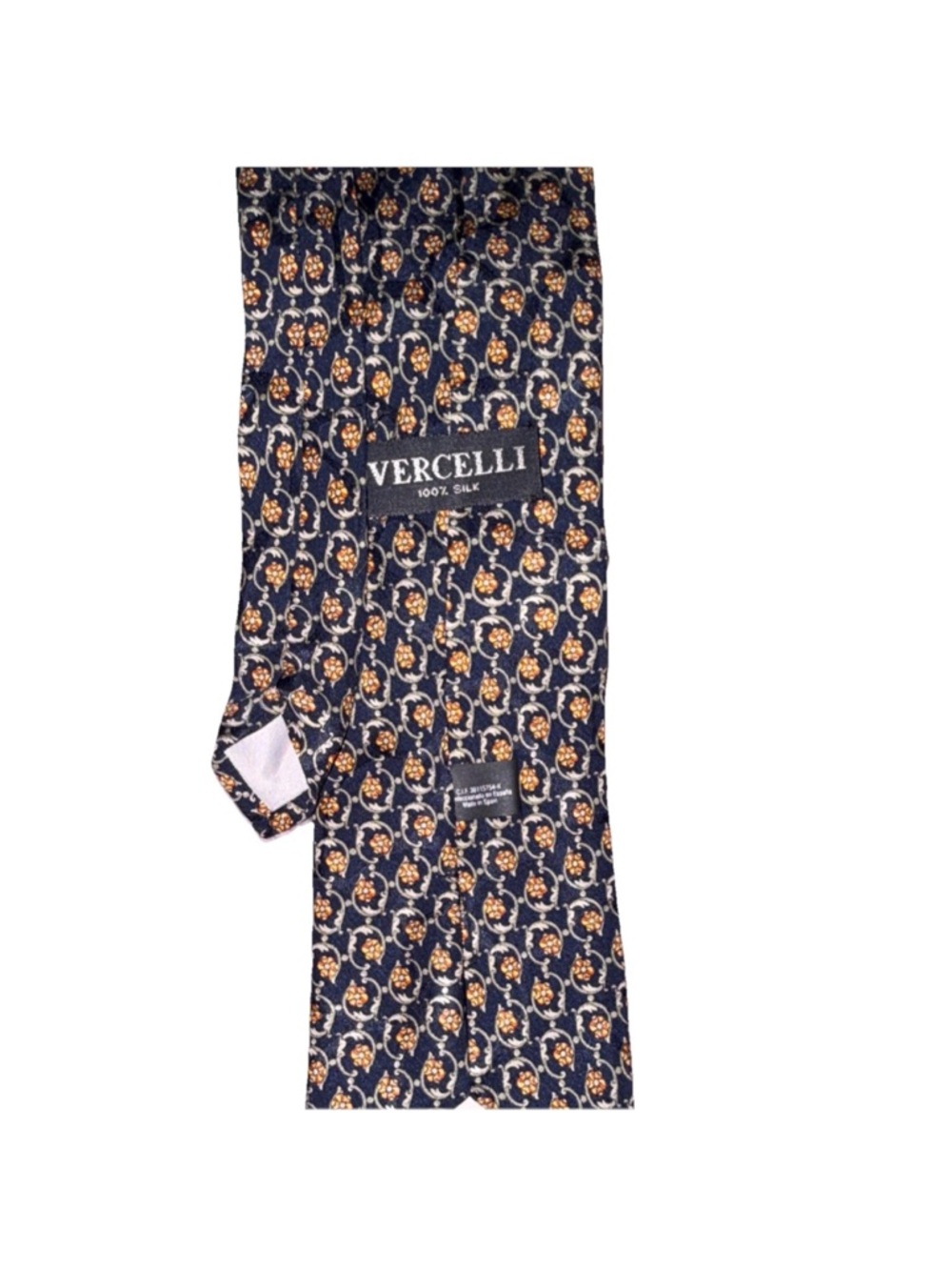 Vercelli Navy 100% Silk Tie with Gold & White Medallion Pattern